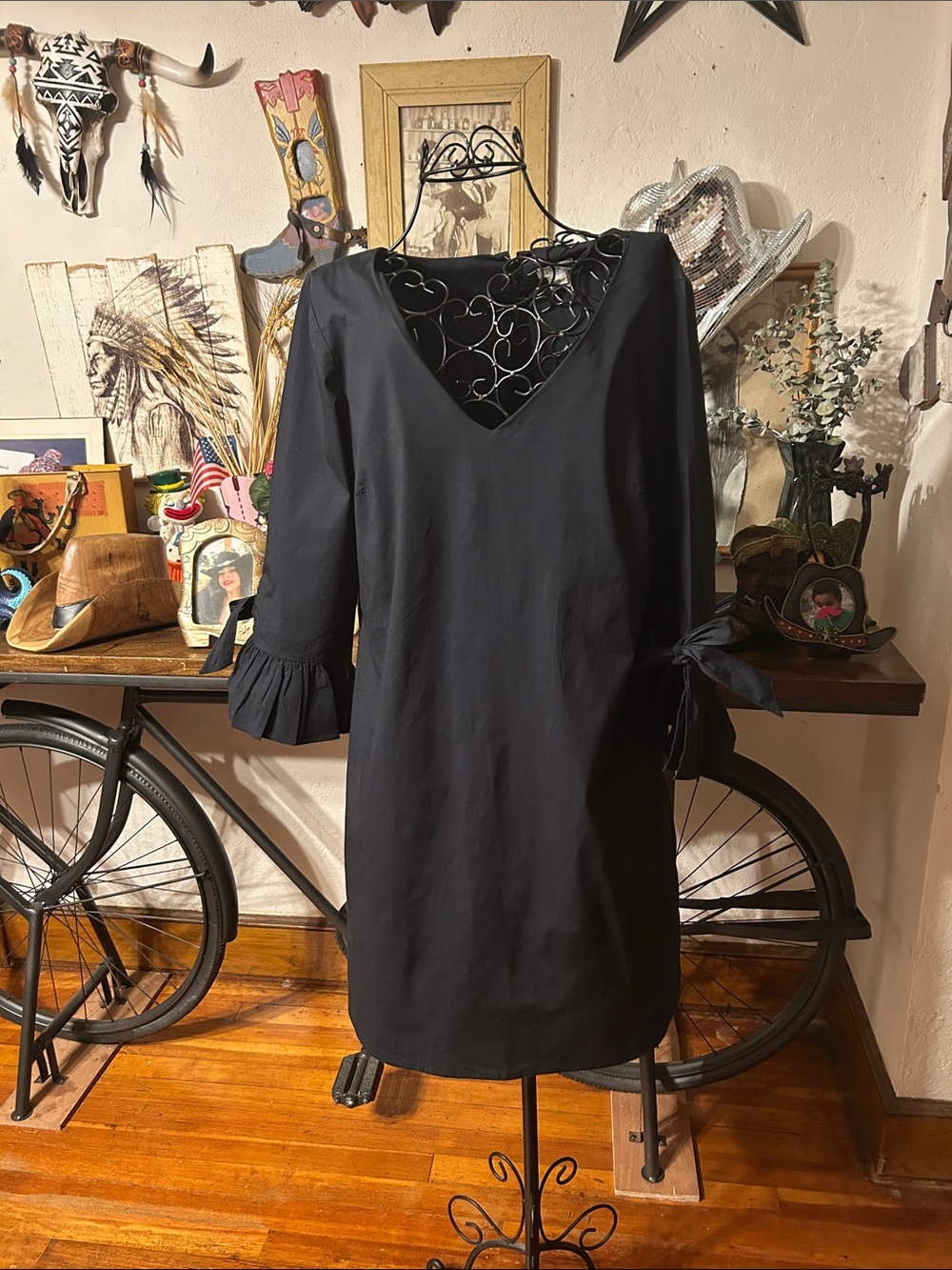 J. Crew Black V-Neck Mini Dress with Tie Sleeve